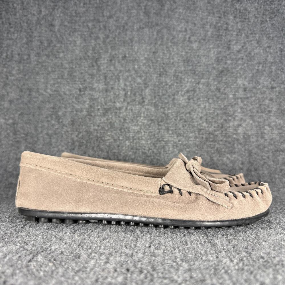 Minnetonka Kilty Fringe Moccasins Womens 8 Gray Suede Hard Sole Slip On Shoes